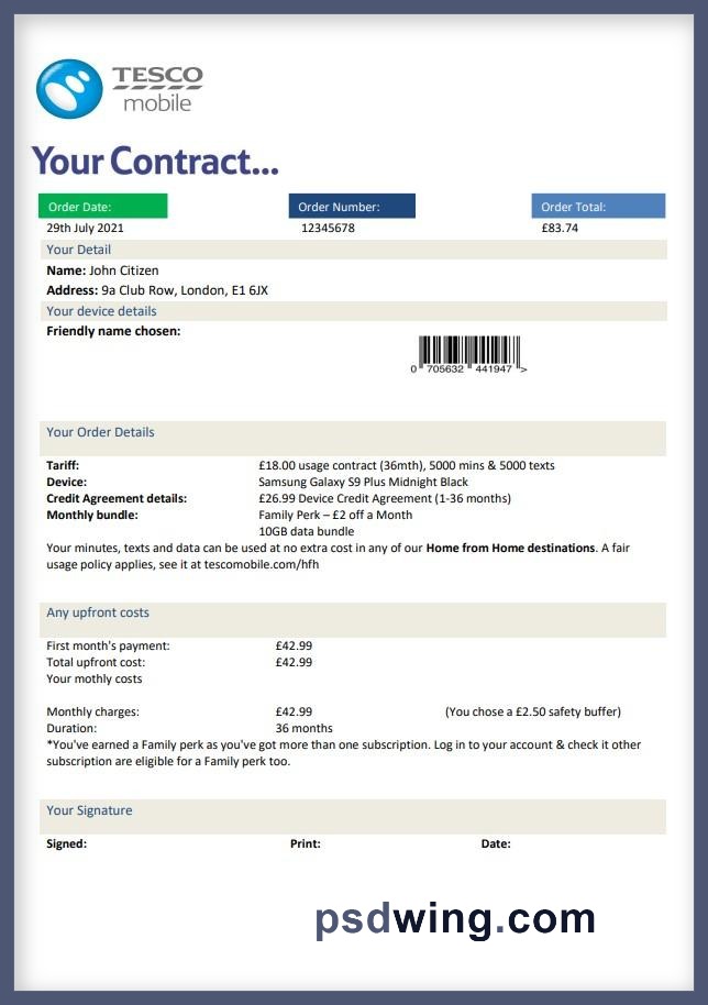 United Kingdom Tesco Mobile Utility Bill